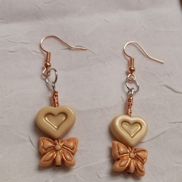 Steel Handmade Hand Crafted Heart & Bow Dangle Earrings Jewelry #54 - Picture 9 of 14